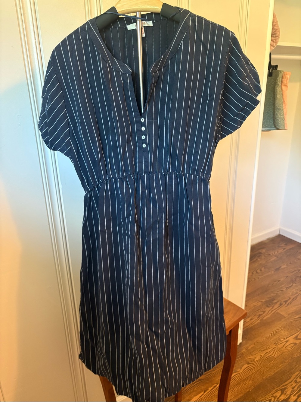 Esprit Navy and White Vertical Stripe Midi Dress